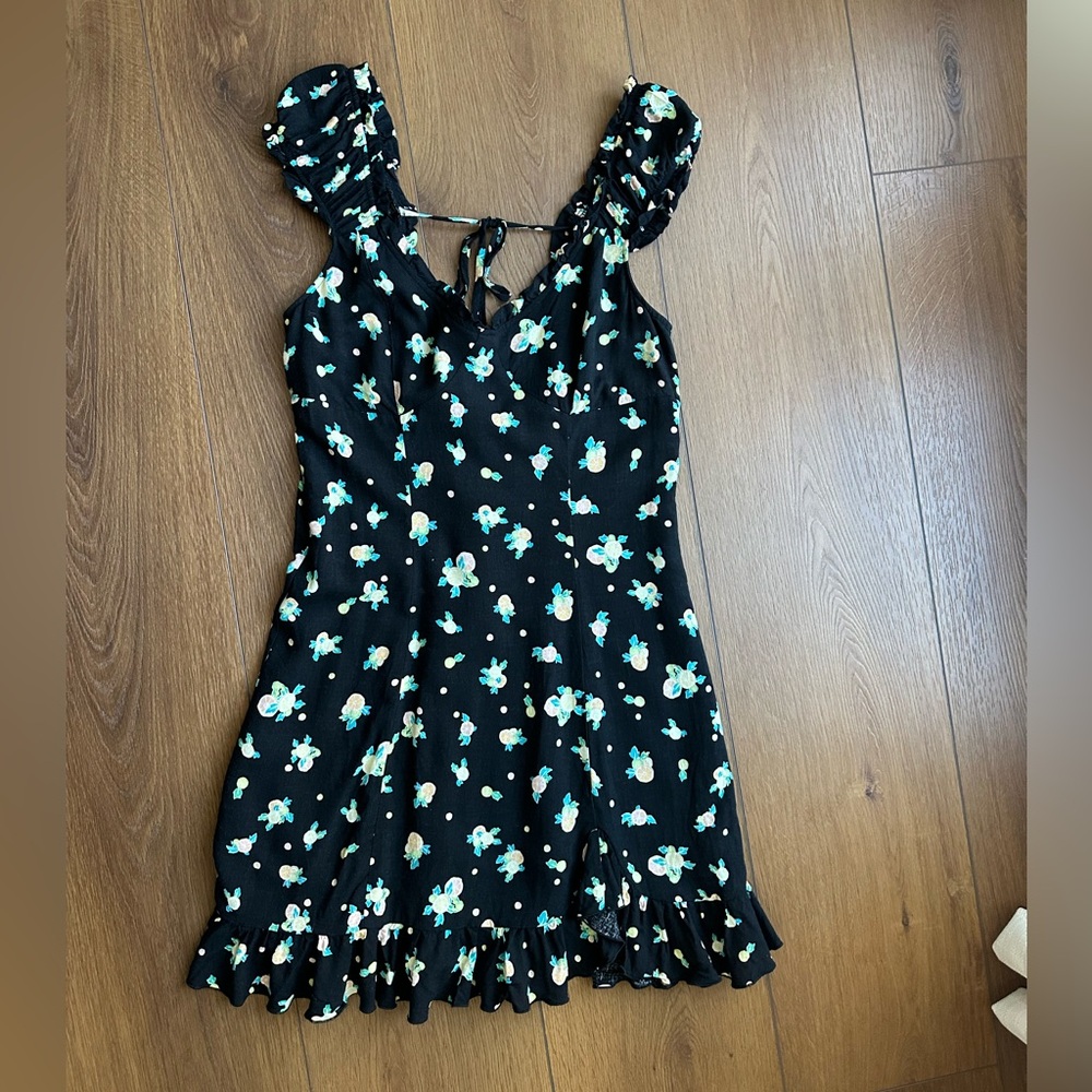 Free People Black Mini Dress with Blue & Pale Yellow Floral Print